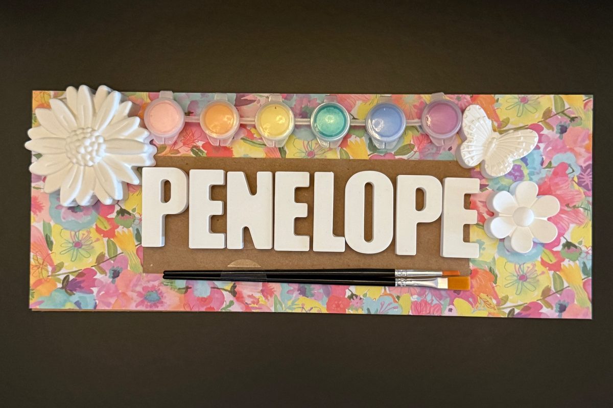 Custom name kit spelling PENELOPE with a daisy, butterfly and flower on a floral board, six pastel paints and two brushes.