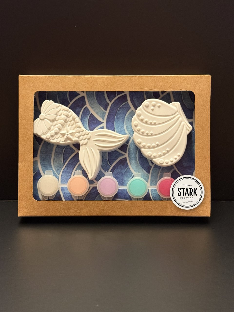 Unpainted mermaid kit: mermaid tail and seashell in a kraft window box with paints