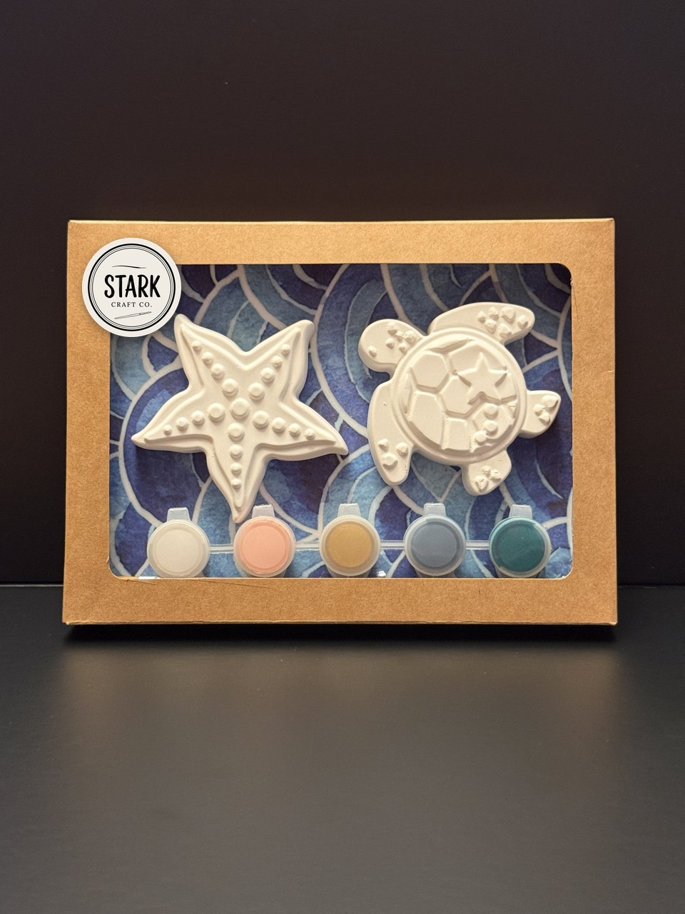 Unpainted ocean kit: starfish and sea turtle in a kraft window box with paints