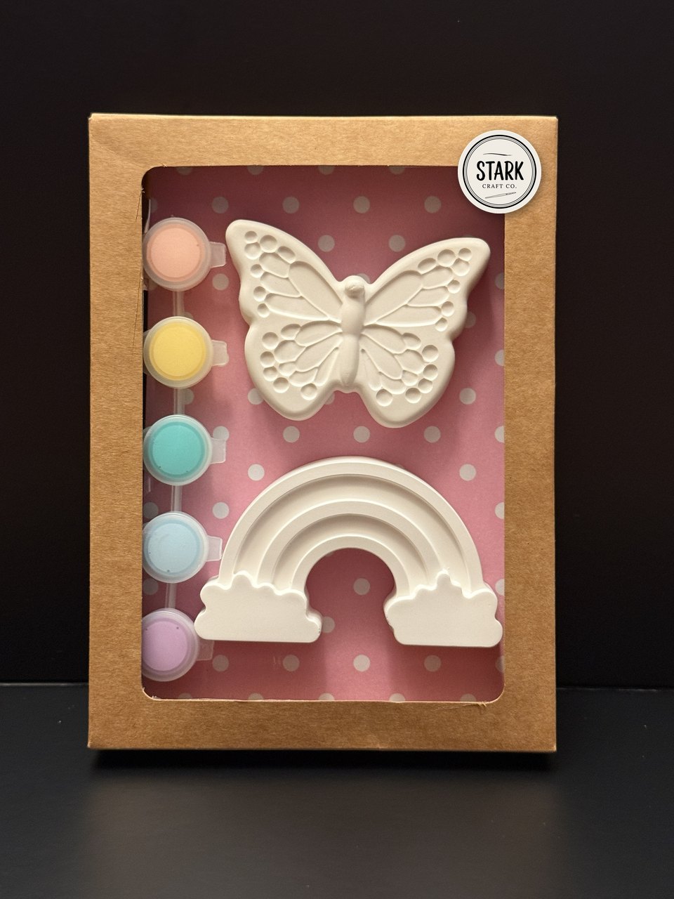 Unpainted skies kit: butterfly and rainbow in a kraft window box with paints
